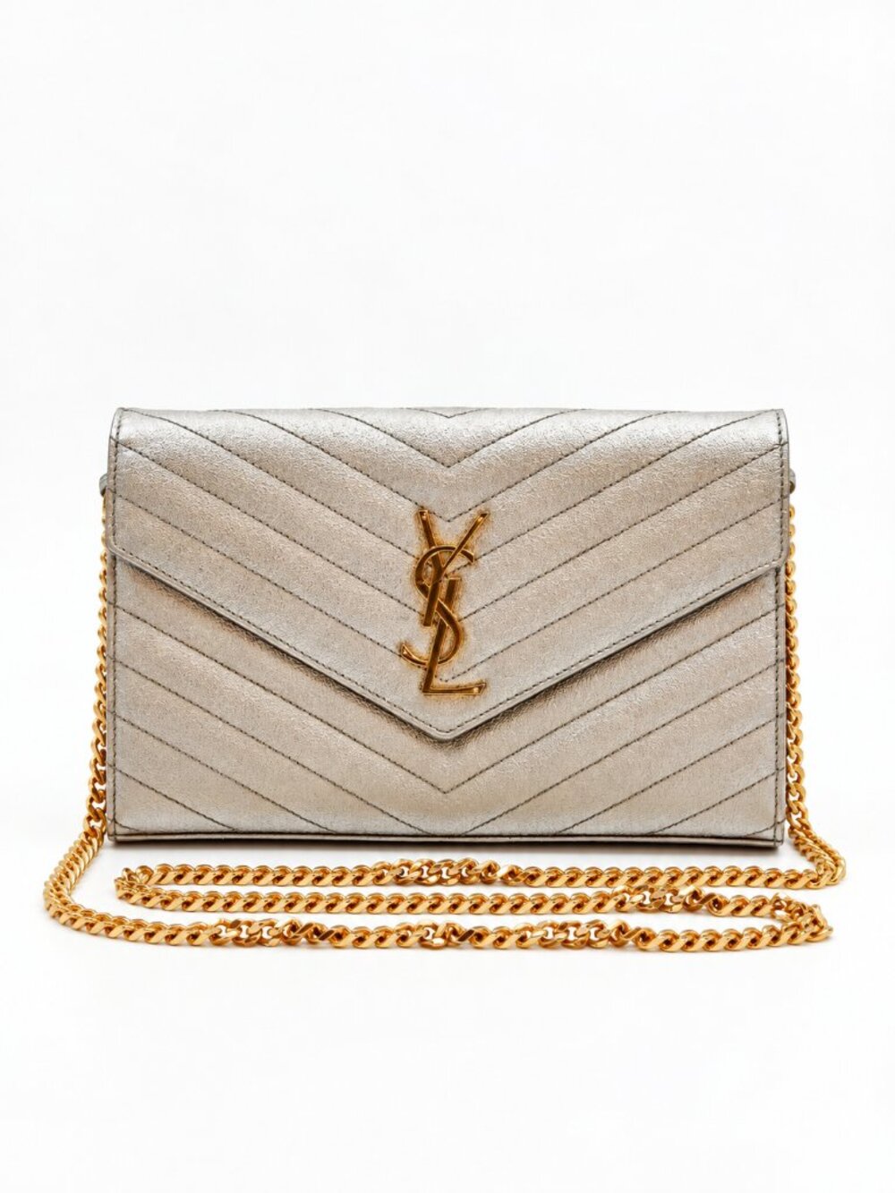 YSL Saint Laurent Metallic Silver Chevron Monogram Chain Wallet Crossbody Bag